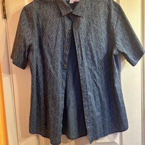 Blue short sleeve button down top.